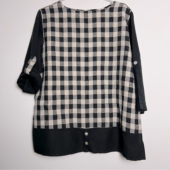 Toofan 100% Linen Black and Natural Checkered Block Print Lagenlook Artsy Top - Picture 7 of 11